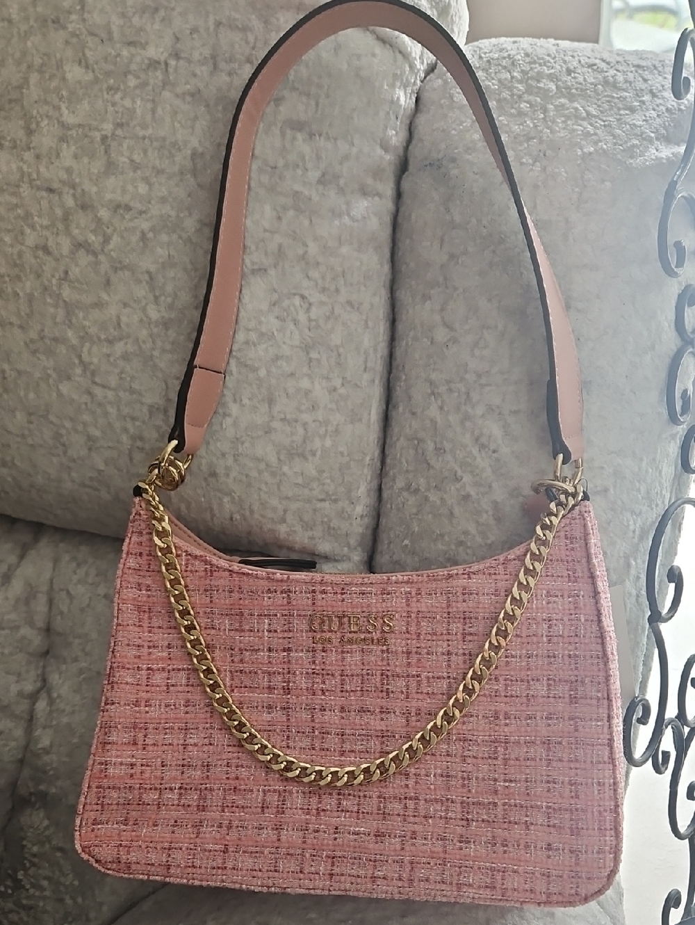 GUESS Pink Tweed Shoulder Bag with Gold Chain Accent